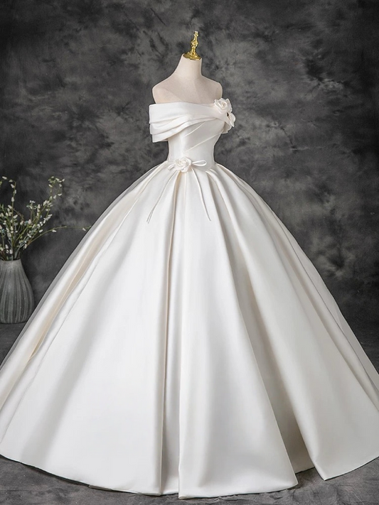 A-Line Off Shoulder Satin ivory Long Prom Dress, ivory Evening Dress