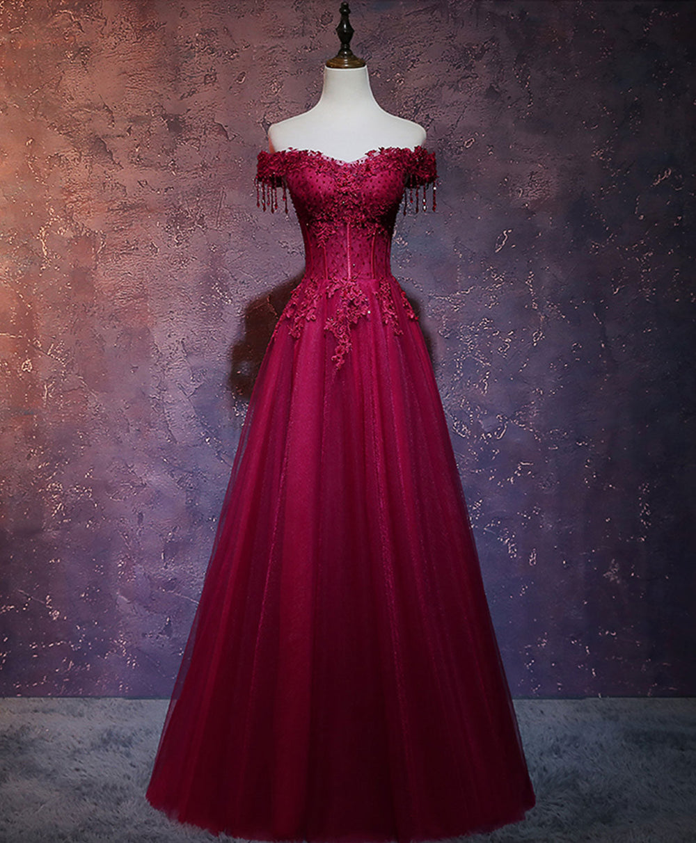 A-line Sweetheart Neck Off Shoulder Tulle Lace Burgundy Prom Dress with Beads