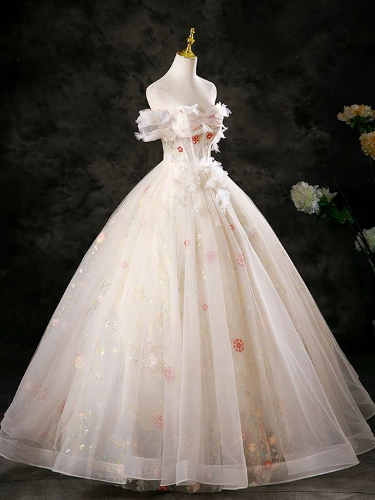 A-Line Tulle Lace Sequin Champagne Long Prom Dress, Champagne Long Formal Dress