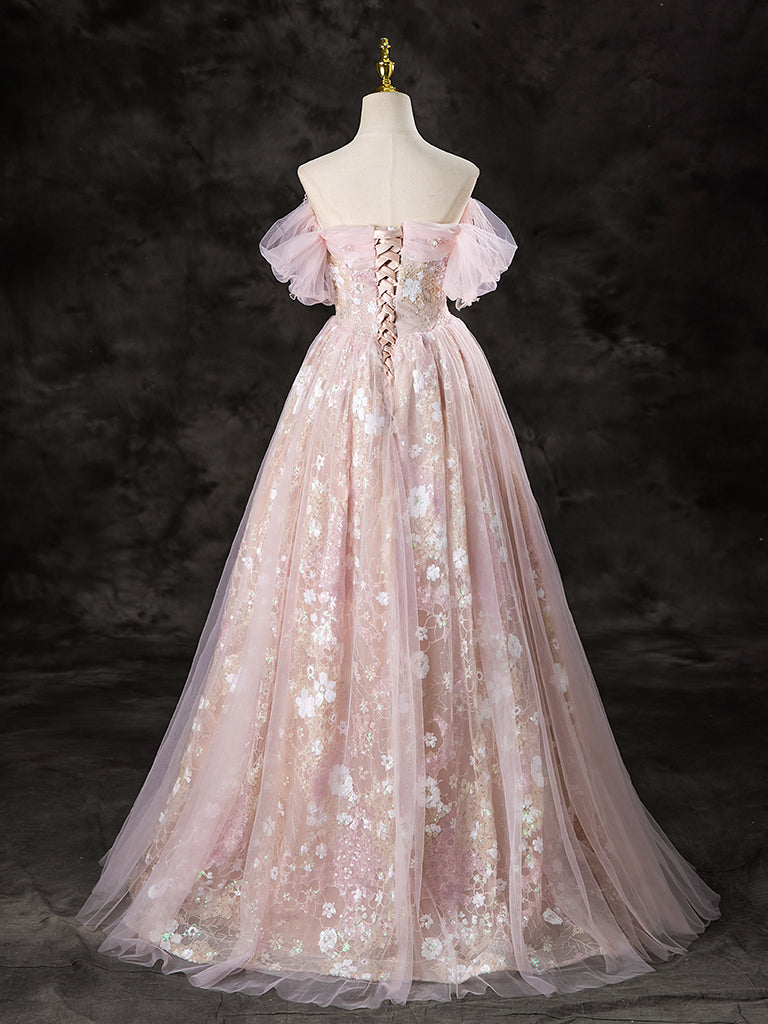 A-Line Off Shoulder Pink Long Prom Dress, Pink Sweet 16 Dress