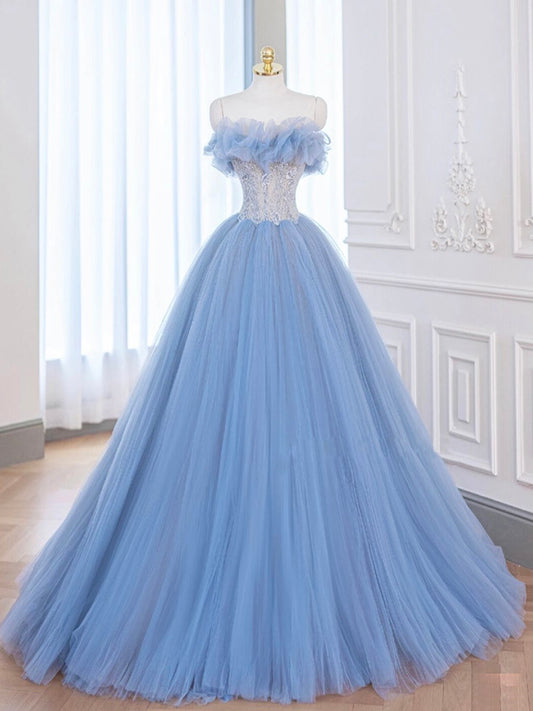 A-Line Blue Tulle Lace Long Prom Dress, Blue Tulle Lace Formal Dress