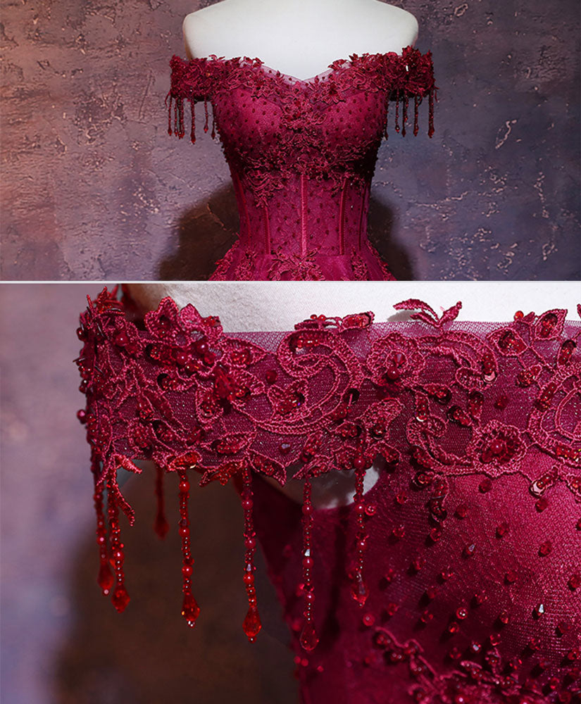 A-line Sweetheart Neck Off Shoulder Tulle Lace Burgundy Prom Dress with Beads