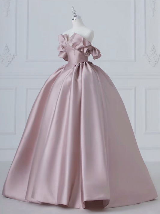 A-Line Pink Satin Long Prom Dress, Pink Long Evening Dress