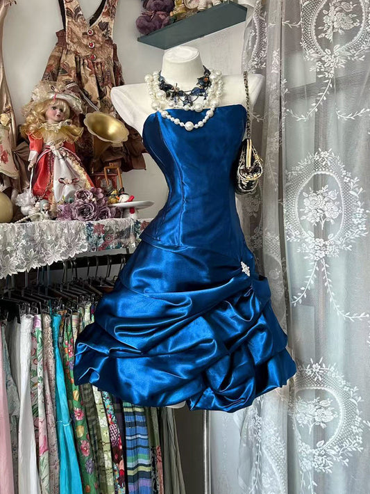 Elegant Satin Blue Short Prom Dress, Blue Homecoming Dress
