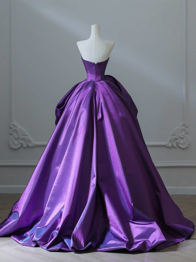 A-Line Sweetheart Neck Satin Purple Long Prom Dress, Satin Purple Long Formal Dress