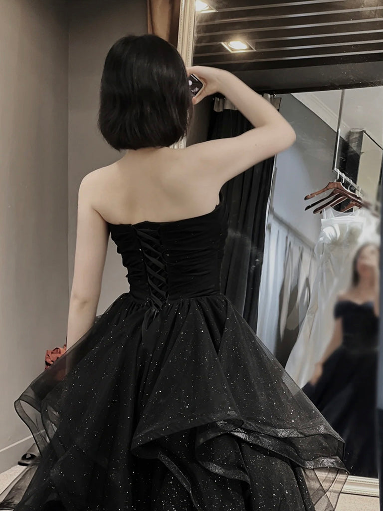 A-Line Sweetheart Neck Tulle Black Long Prom Dress, Black Long Formal Dress