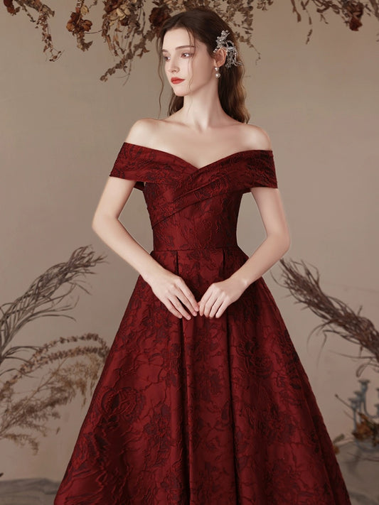 A-Line Off Shoulder Satin Burgundy Long Prom Dress, Burgundy Long Evening Dress