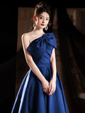 A-Line One Shoulder Satin Blue Long Prom Dress, Blue Long Formal Dress