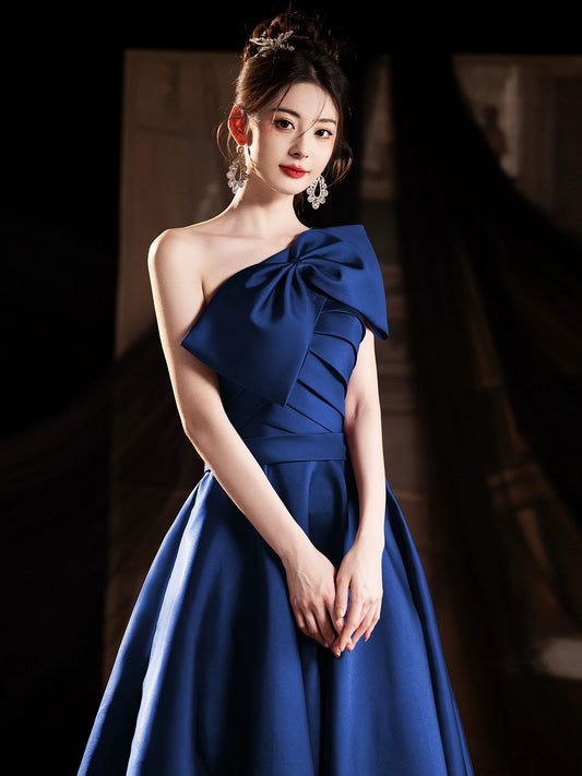 A-Line One Shoulder Satin Blue Long Prom Dress, Blue Long Formal Dress