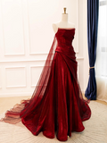 A-Line Organza Satin Sweep Train Burgundy Long Prom Dress