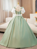 A-Line Puff  Sleeves Satin Green Long Prom Dress, Green Sweet 16 Dress