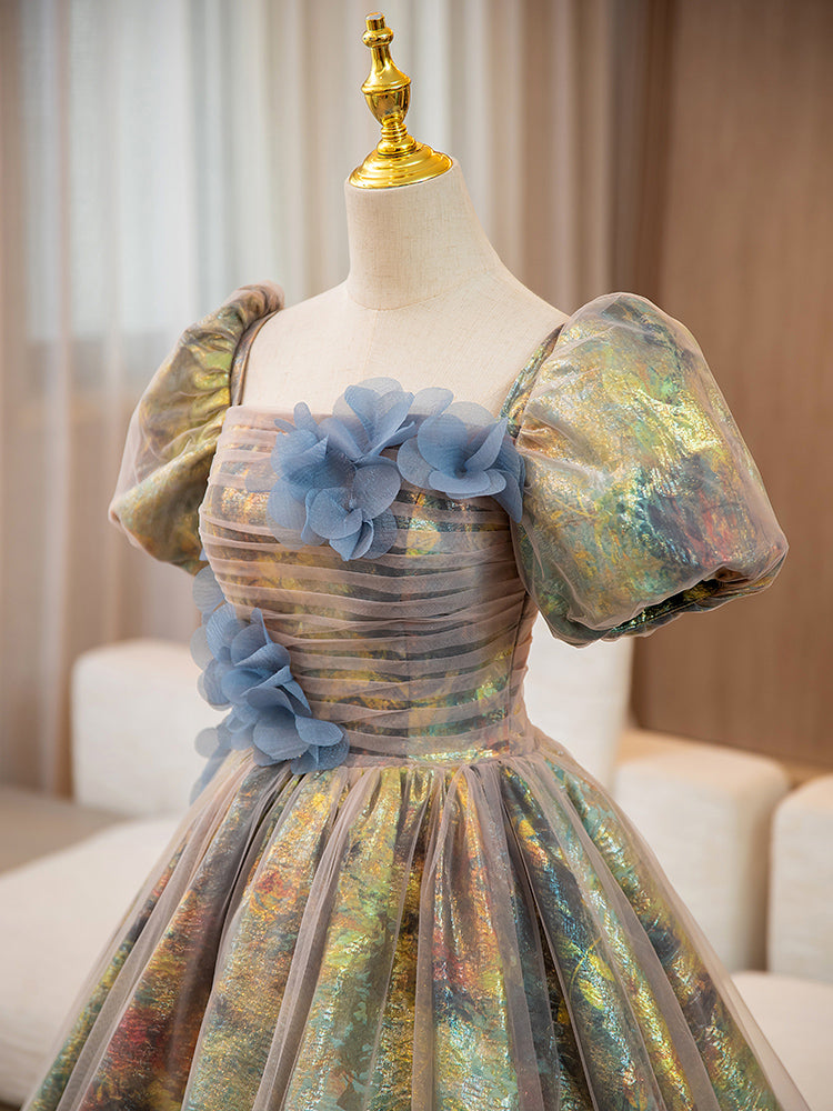 Unique A-Line Puff Sleeves Gold Long Prom Dress with Flower dresstby Unique A-Line Puff Sleeves Gold Long Prom Dress with Flower dresstby