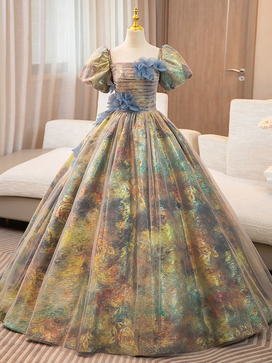 Unique A-Line Puff Sleeves Gold Long Prom Dress with Flower