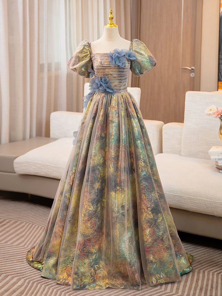 Unique A-Line Puff Sleeves Gold Long Prom Dress with Flower