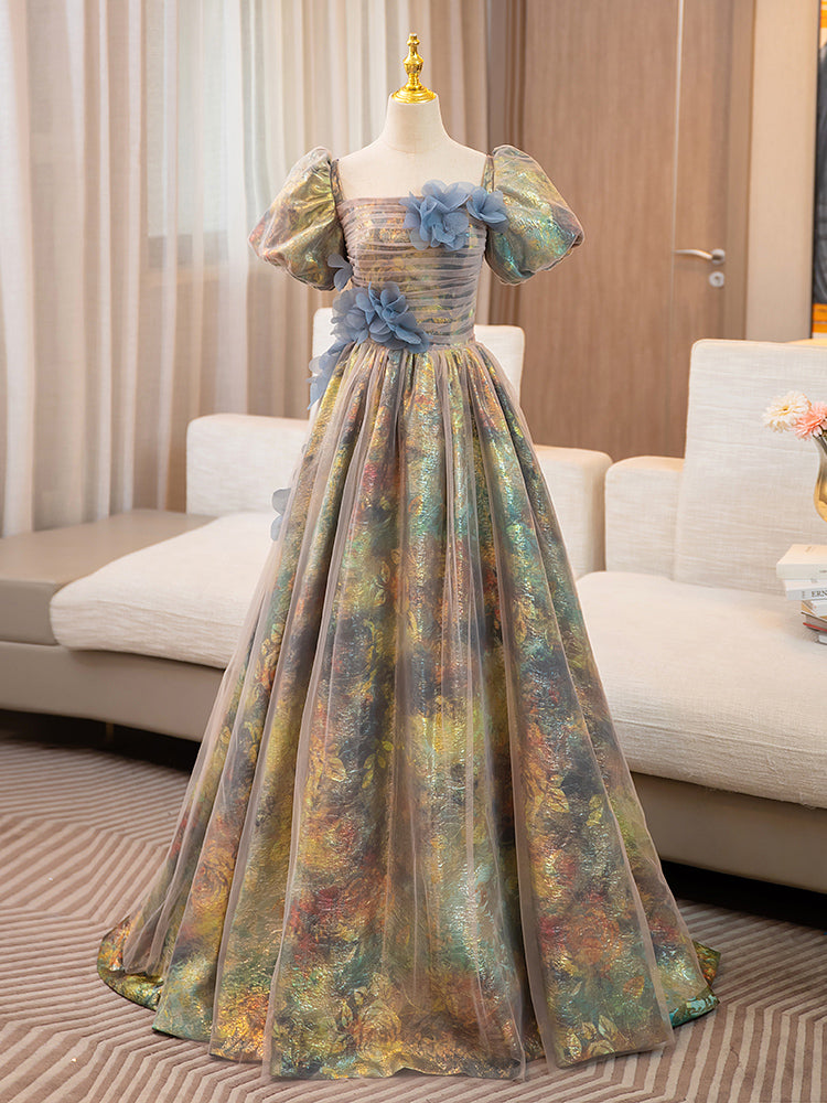 Unique A-Line Puff Sleeves Gold Long Prom Dress with Flower dresstby Unique A-Line Puff Sleeves Gold Long Prom Dress with Flower dresstby