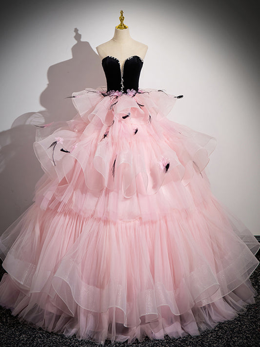 Pink Sweetheart Neck Tulle Long Prom Dress, Pink Long Prom Gown
