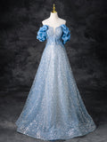 A-Line Off Shoulder Sequin Beads Blue Long Prom Dress, Blue Long Evening Dress