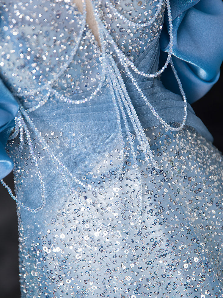A-Line Off Shoulder Sequin Beads Blue Long Prom Dress, Blue Long Evening Dress