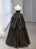 A-Line Sweetheart Neck Tulle Satin Black Long Prom Dress, Black Long Evening Dress