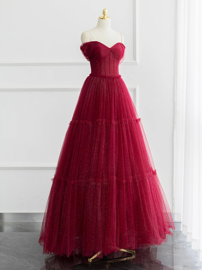 A-line Sweetheart Neck Tulle Burgundy Long Prom Dress, Off Shoulder Burgundy Formal Dress