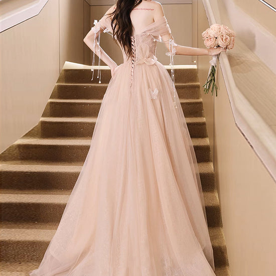 Champagne Pink A-Line Tulle Sequin Long Prom Dress, Champagne Pink For   dresstby