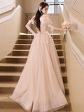 Champagne Pink A-Line Tulle Sequin Long Prom Dress, Champagne Pink Formal Dress