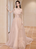 Champagne Pink A-Line Tulle Sequin Long Prom Dress, Champagne Pink Formal Dress