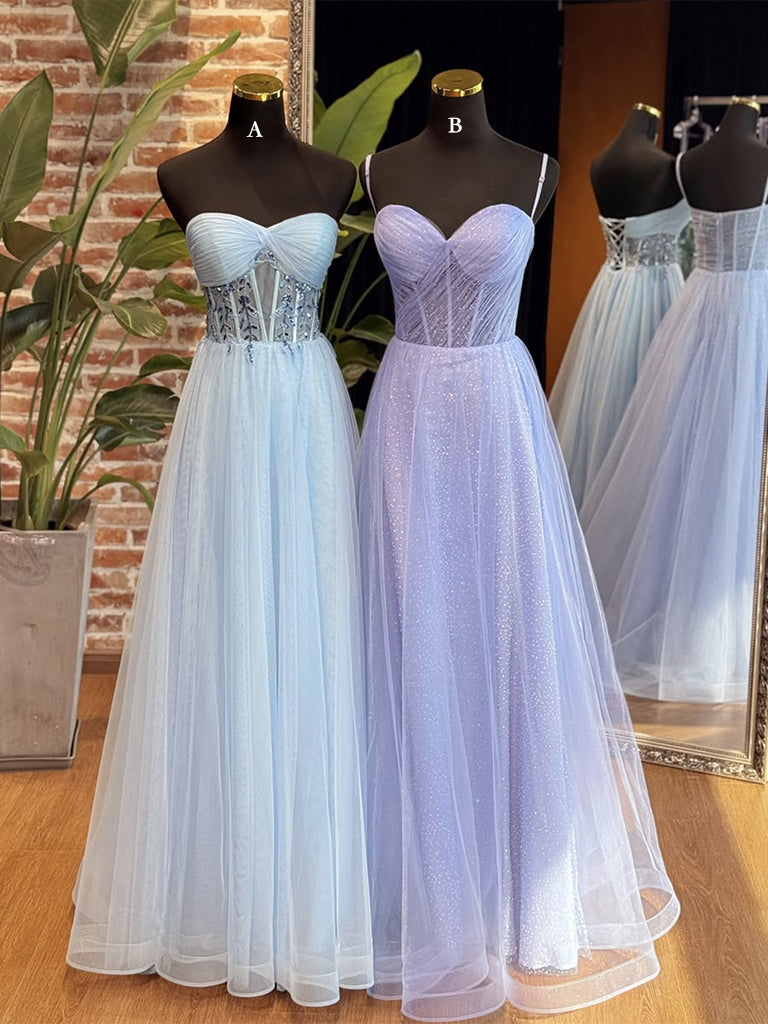 A-Line Sweetheart Neck Tulle Long Prom Dress, Blue Long Formal Dress