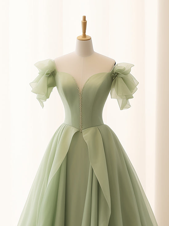 A-Line Green Tulle Long Prom Dress, Green Tulle Long Formal Dress main image 1