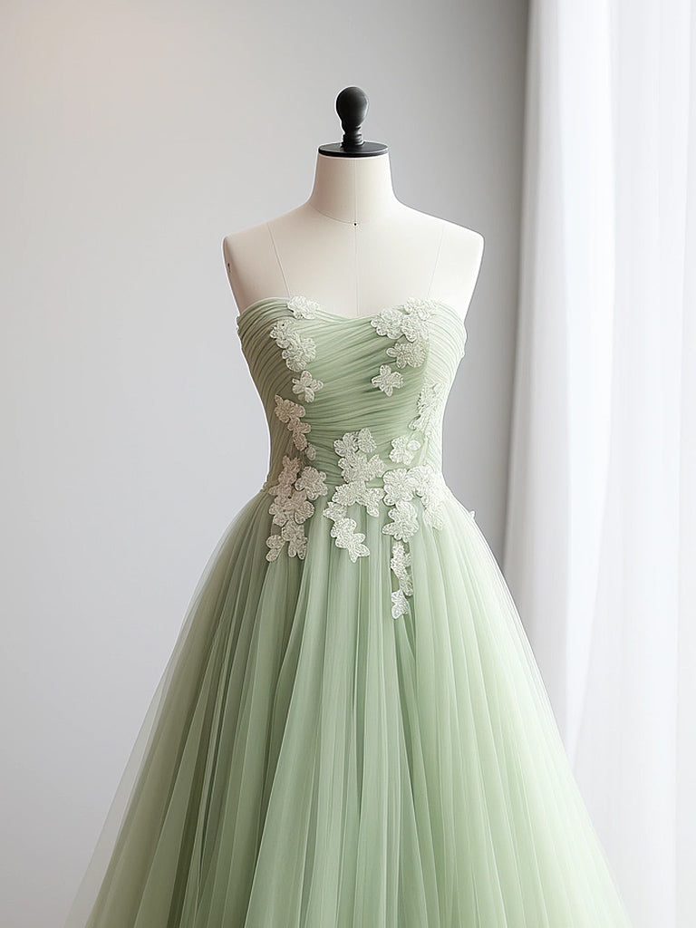 A-Line Sweetheart Neck Tulle Lace Applique Green Long Prom Dress, Green Formal Dress