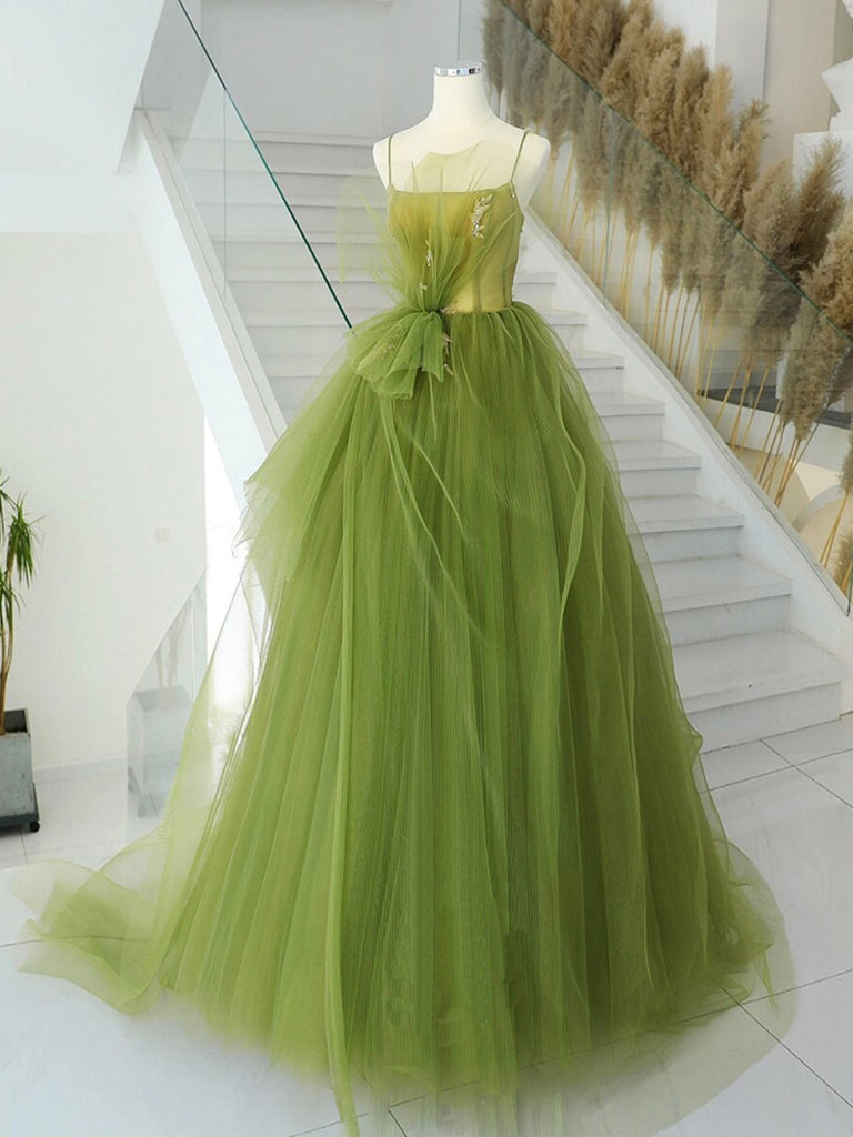A-Line Green Tulle Long Prom Dress, Green Tulle Long Evening Dress