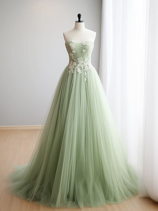 A-Line Sweetheart Neck Tulle Lace Applique Green Long Prom Dress, Green Formal Dress