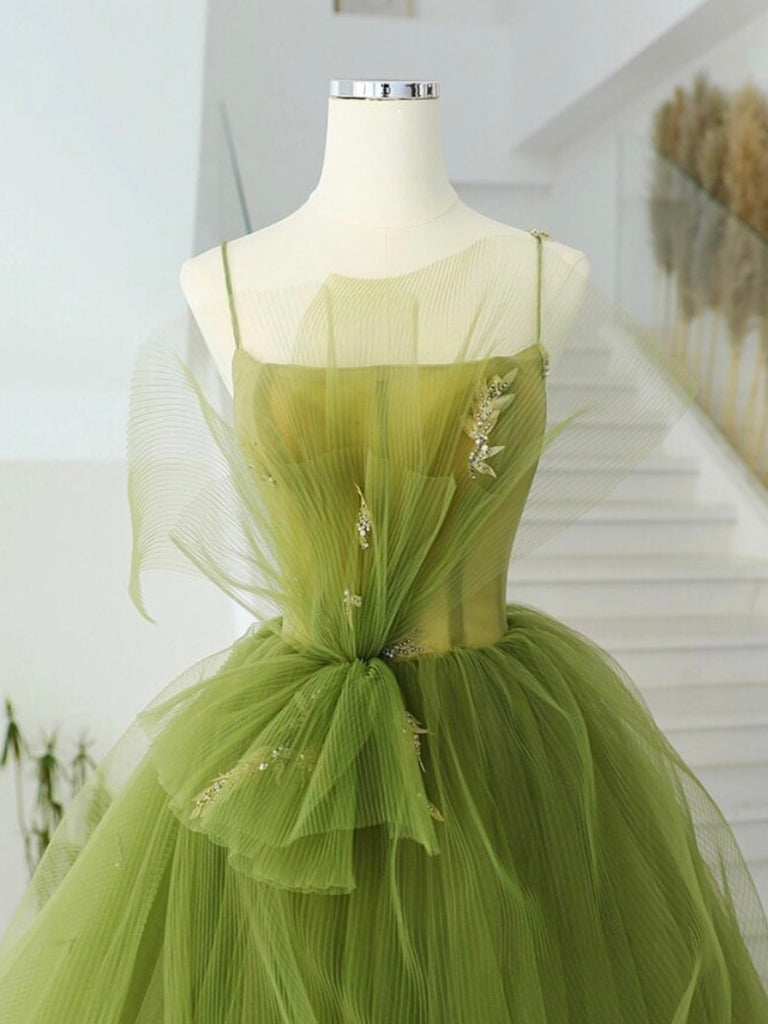 A-Line Green Tulle Long Prom Dress, Green Tulle Long Evening Dress