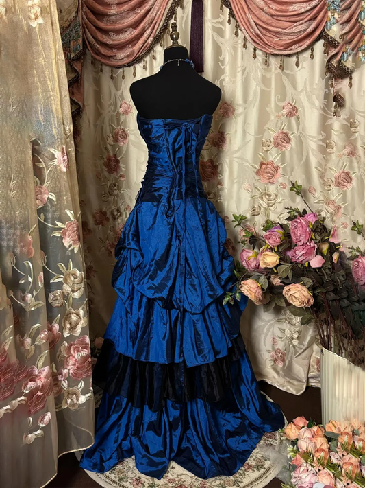 A-line Retro Sweetheart Neck Taffeta Blue Long Prom Dress, Blue Sweet 16 Dress