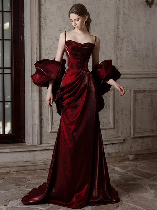 Mermaid Sweetheart Puff sleeves Satin Sweep Train Burgundy Prom Dress