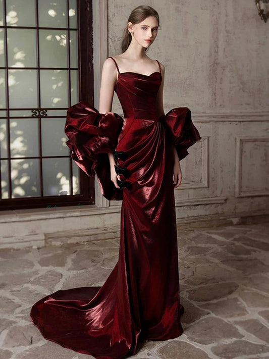 Mermaid Sweetheart Puff sleeves Satin Sweep Train Burgundy Prom Dress