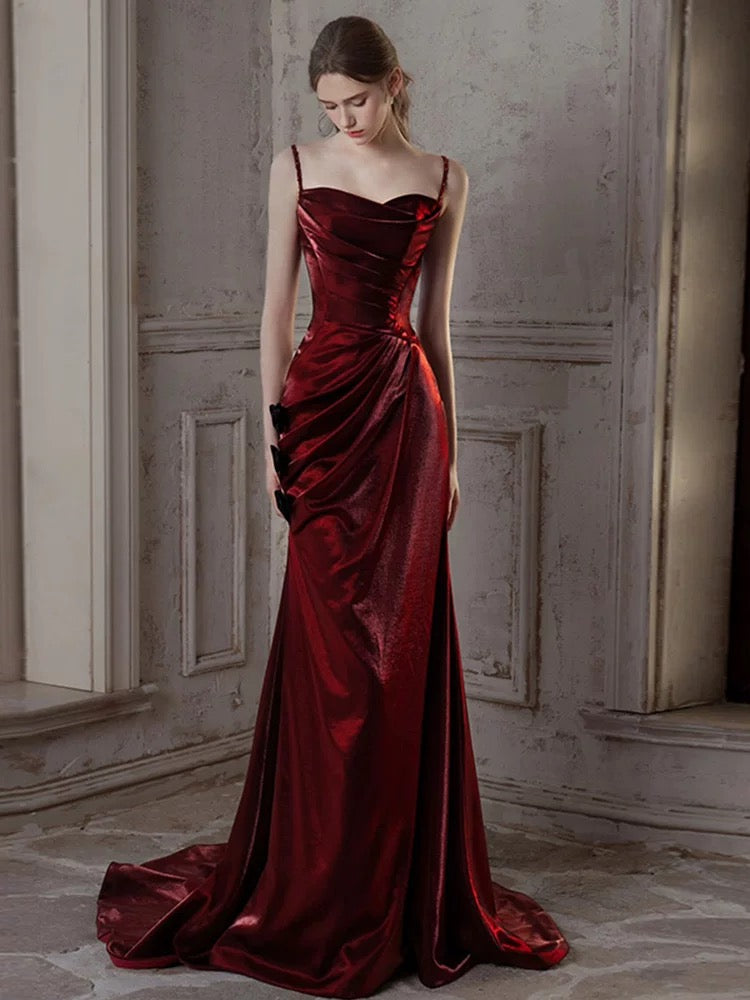 Mermaid Sweetheart Puff sleeves Satin Sweep Train Burgundy Prom Dress