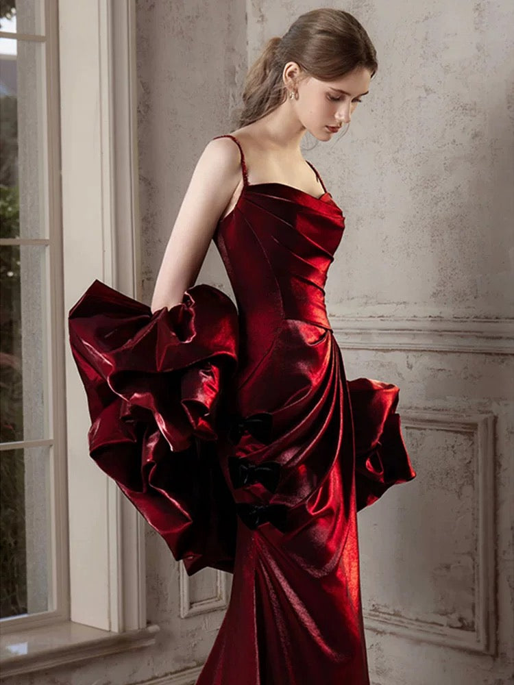 Mermaid Sweetheart Puff sleeves Satin Sweep Train Burgundy Prom Dress