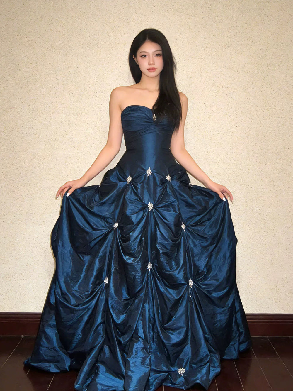 A-Line Sweetheart Neck Irregular Taffeta Dark Blue Long Prom Dress