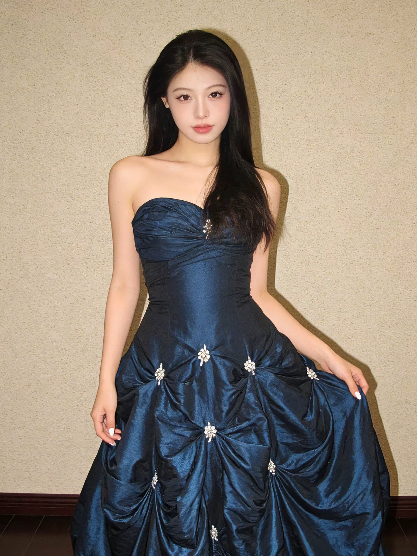 A-Line Sweetheart Neck Irregular Taffeta Dark Blue Long Prom Dress