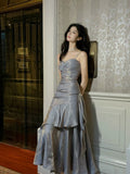 A-Line Sweetheart Neck Tea Length Satin Gray Long Party Prom Dress