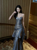 A-Line Sweetheart Neck Tea Length Satin Gray Long Party Prom Dress
