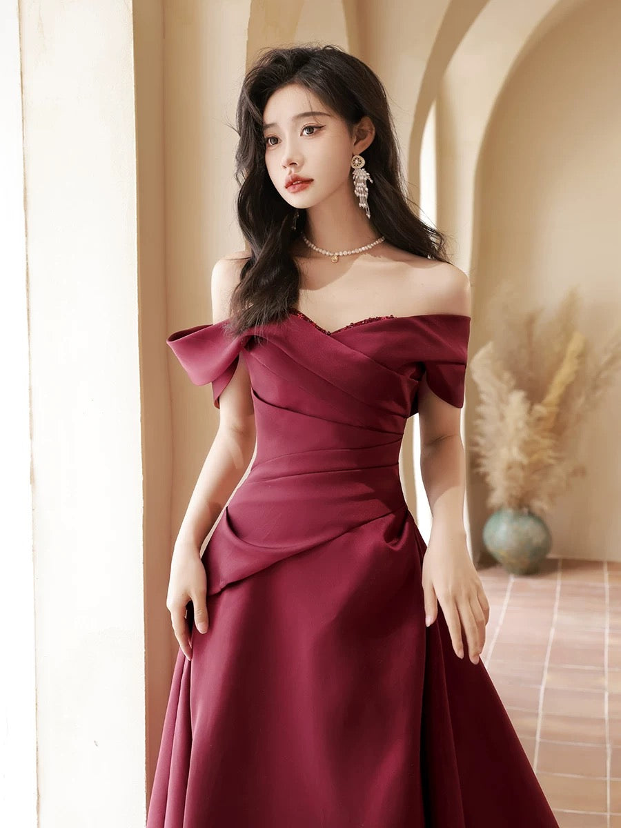 A-Line Sweetheart Off Shoulder Sweep Train Satin Burgundy Long Prom Dress