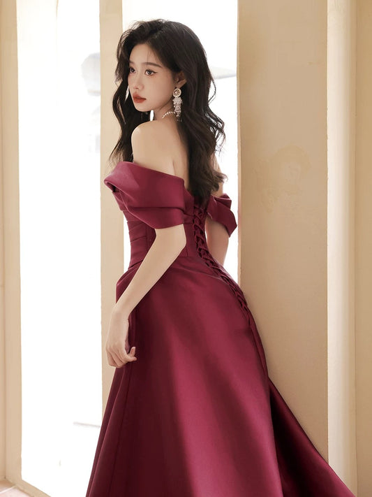 A-Line Sweetheart Off Shoulder Sweep Train Satin Burgundy Long Prom Dress
