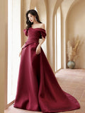A-Line Sweetheart Off Shoulder Sweep Train Satin Burgundy Long Prom Dress