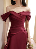 A-Line Sweetheart Off Shoulder Sweep Train Satin Burgundy Long Prom Dress