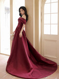 A-Line Sweetheart Off Shoulder Sweep Train Satin Burgundy Long Prom Dress