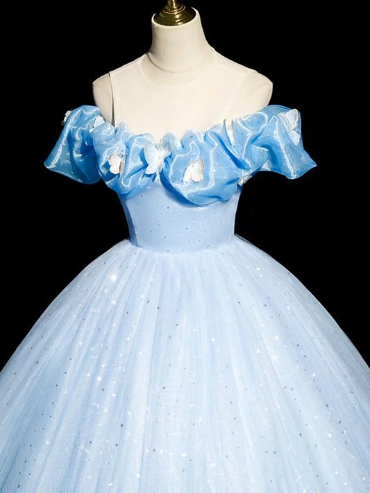A-Line Off Shoulder Tulle Blue Long Prom Dress, Blue Long Formal Dress