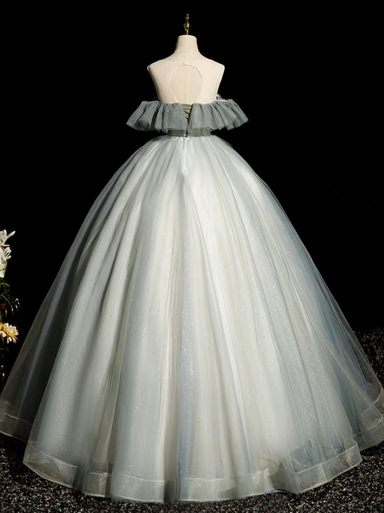 A-Line Round Neck Tulle Gray Blue Long Prom Dress, Tulle Sequin Lace Long Evening Dress