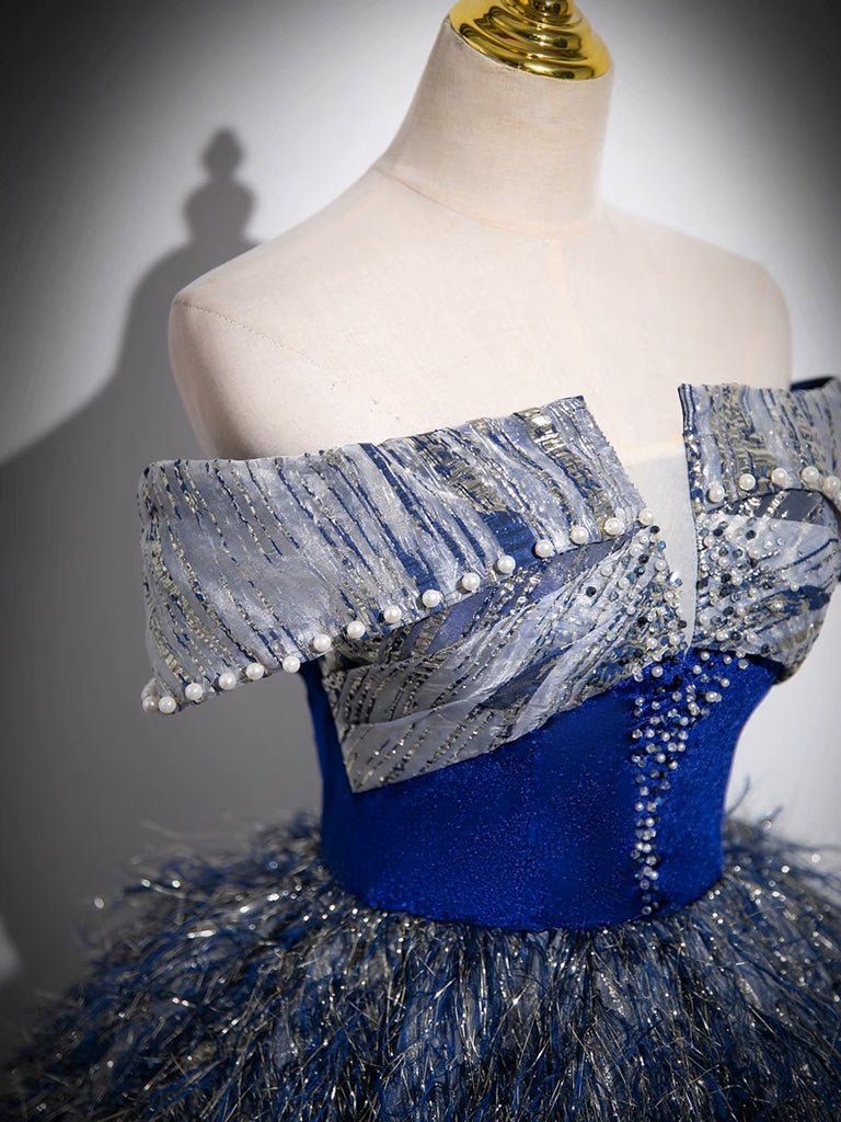 Unique A-Line Shiny Sequin Blue Long Prom Gown, Blue Long Evening Dress